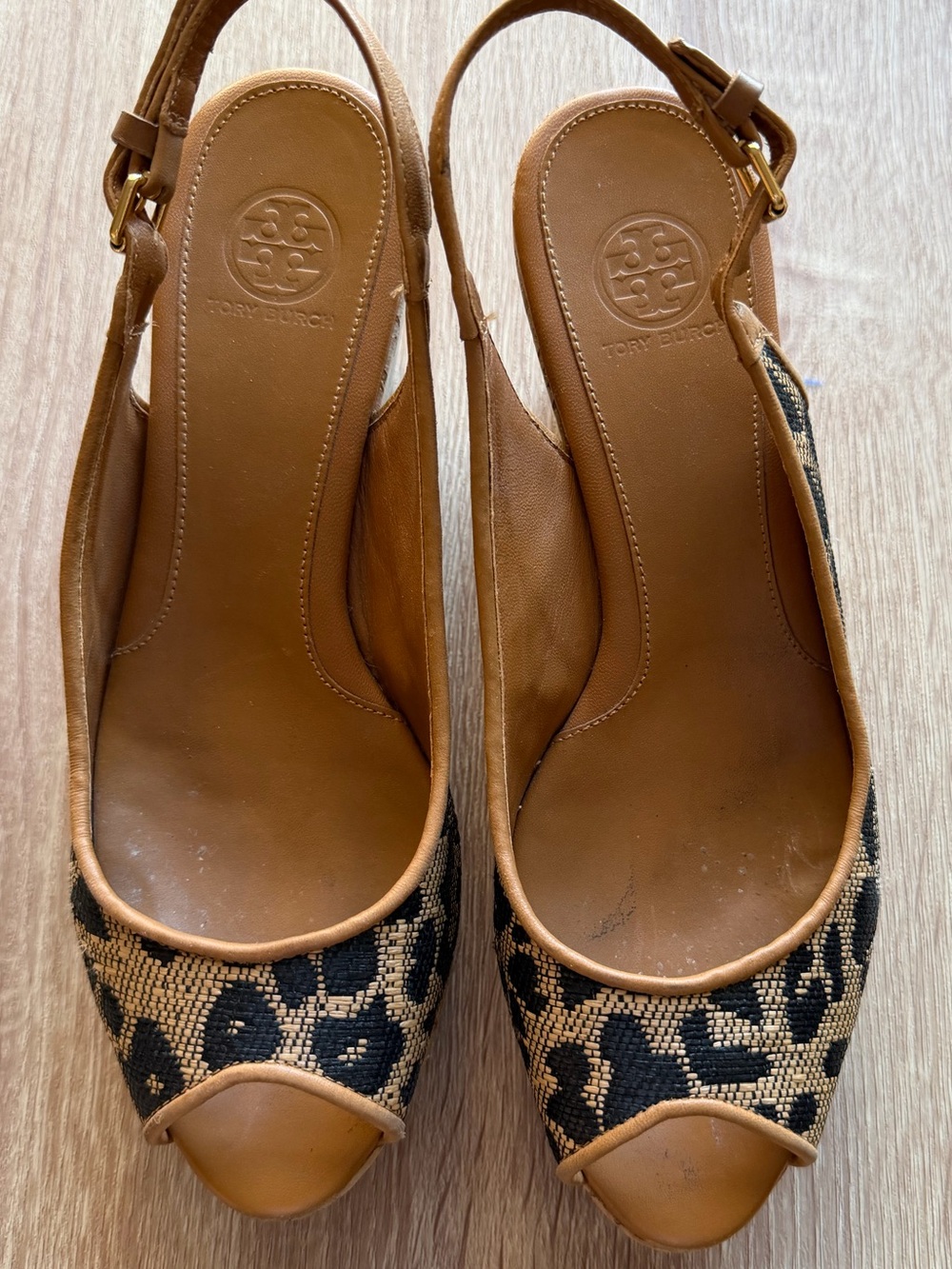Tory Burch Tan & Black Leopard Wedge Cork Wedge Platform Sling-backs Sz 8
